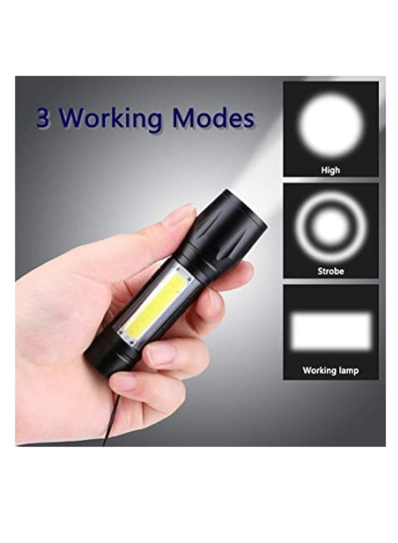 LED Rechargeable Flashlight 12.2cm With COB Side Light-USB Chargeable Torch-Super Zoomable Bright Flashlight For Camping, Outing And Emergency - (Black Color)  - Image 4