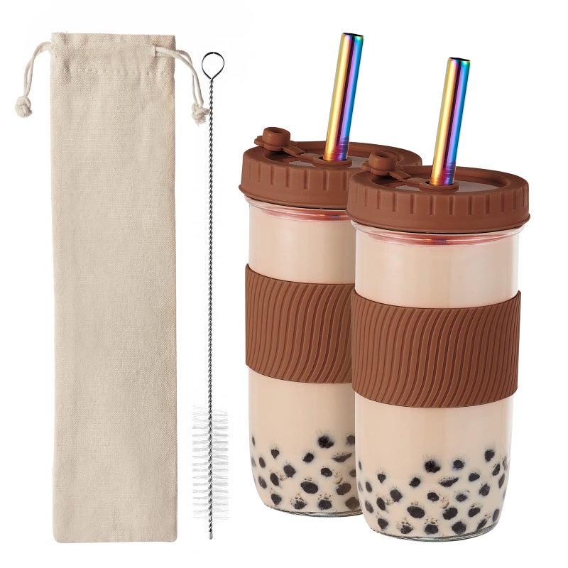 Amyoole 2 Pack Reusable Boba Cup24Oz Wide Mouth Smoothie Cupmason Jar Glass Cups with Lids and StrawsBubbleBoba Tea CupsIce Coffee Tumbler 2 colored straws 1 sponge brushBrown