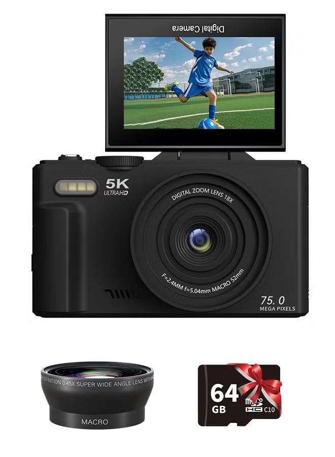 5K Digital Camera, 75MP Camera Digital for Photography, Point and Shoot Camara Vlogging Camera with 64GB SD Card, 18X Digital Cameras with 3" 180° Flip Screen, Wide Angle & Macro Lens, Anti-Shake Compact Travel Camera for Beginner Gift