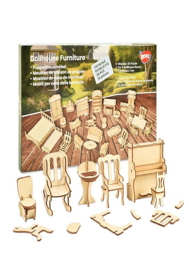 BOHS Wooden Dolls House Furniture 1/12 Scale - 3D Puzzles for Miniature Dollhouse Furniture Accessories - Large,28 PCS - Image 1