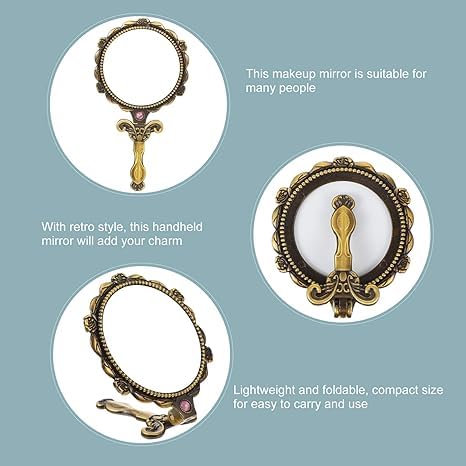 PRAYAS Handheld Mirror Rhinestone Mirror Tabletop Mirror Makeup Gifts for Women Tabletop Stand Mirror Vintage Travel Mirror Retro Hand Mirror Vintage Makeup Mirror Handheld Makeup Mirror Pack of 2 - Image 4
