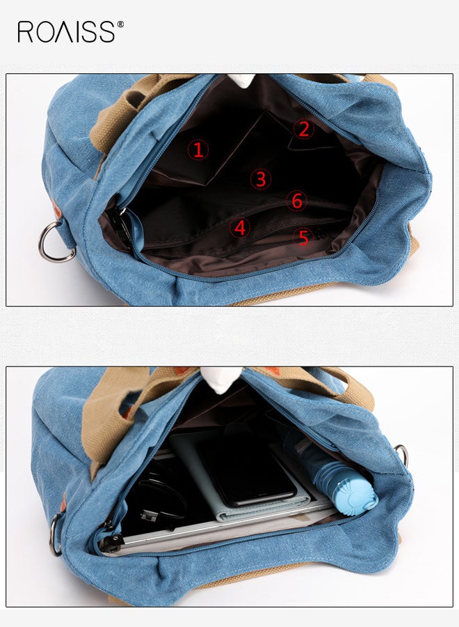 roaiss Women's One-Shoulder Crossbody Women's Bag Large Capacity Fashionable Handbag Women's Simple and Versatile Canvas Bag Women's Bag Zipper Multi-pocket Daily Work Commuting Bag Tote Bag Blue - Image 3