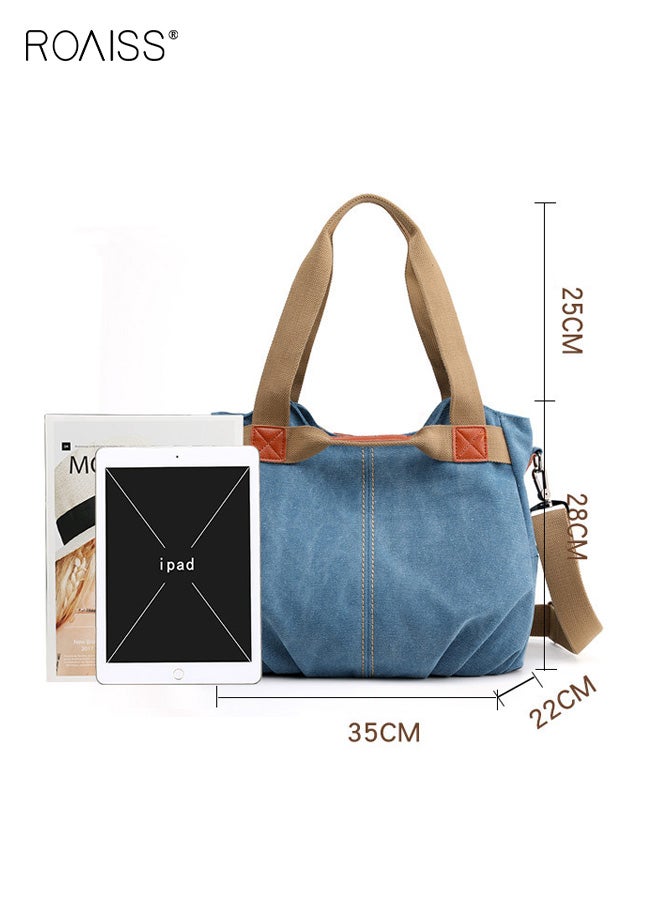 roaiss Women's One-Shoulder Crossbody Women's Bag Large Capacity Fashionable Handbag Women's Simple and Versatile Canvas Bag Women's Bag Zipper Multi-pocket Daily Work Commuting Bag Tote Bag Blue - Image 5