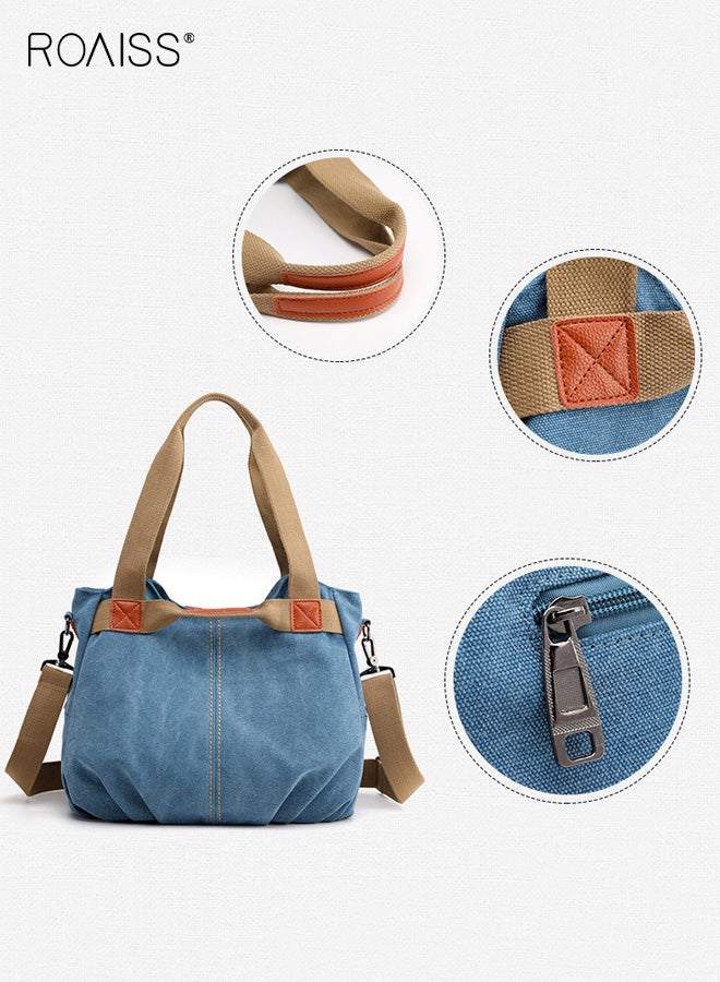 roaiss Women's One-Shoulder Crossbody Women's Bag Large Capacity Fashionable Handbag Women's Simple and Versatile Canvas Bag Women's Bag Zipper Multi-pocket Daily Work Commuting Bag Tote Bag Blue - Image 4