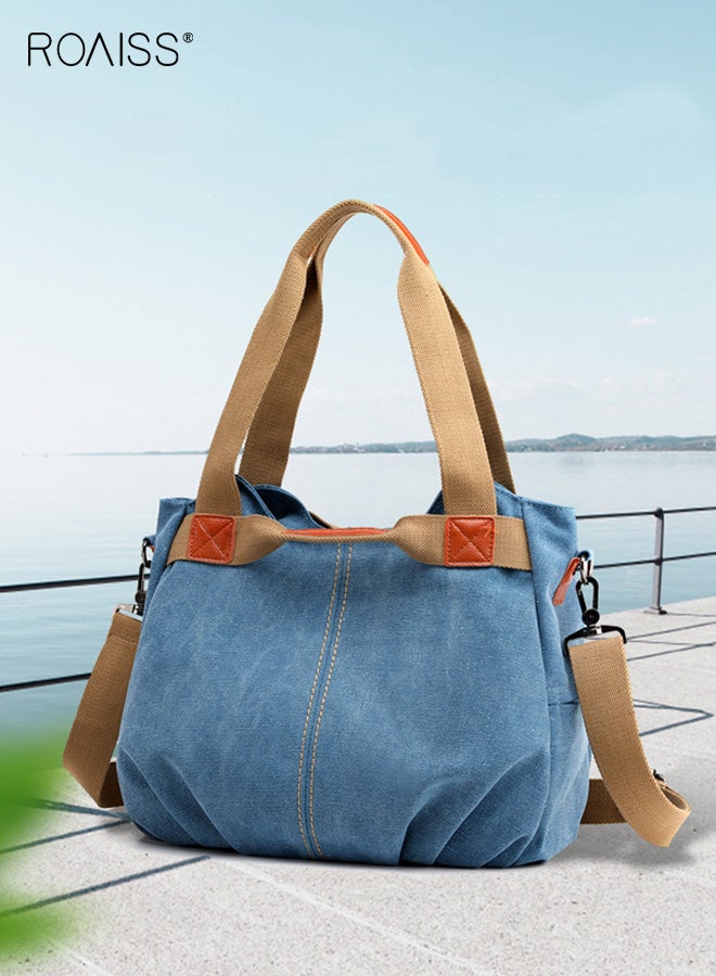roaiss Women's One-Shoulder Crossbody Women's Bag Large Capacity Fashionable Handbag Women's Simple and Versatile Canvas Bag Women's Bag Zipper Multi-pocket Daily Work Commuting Bag Tote Bag Blue - Image 2