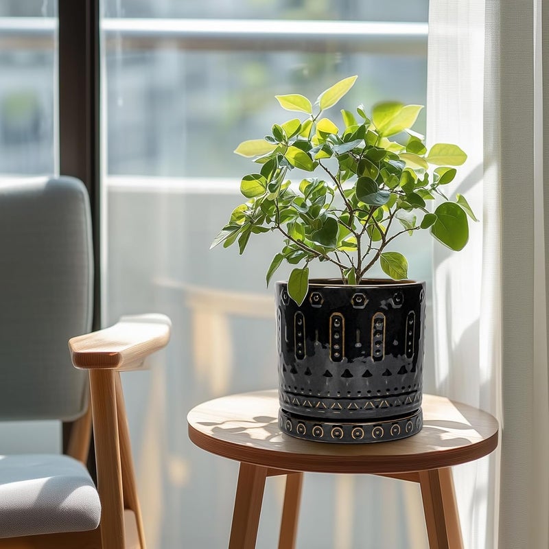 Eightpot Ceramic Pot for Plants - 8 Inch Plant Pots Indoor with Drainage Hole and Saucer, Decorative Round Planter Outdoor, Boho Ceramic Planter for Flower, House Garden Decor, Gardening Gifts, Black - Image 2