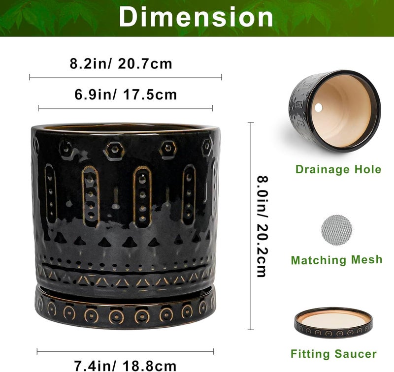 Eightpot Ceramic Pot for Plants - 8 Inch Plant Pots Indoor with Drainage Hole and Saucer, Decorative Round Planter Outdoor, Boho Ceramic Planter for Flower, House Garden Decor, Gardening Gifts, Black - Image 3