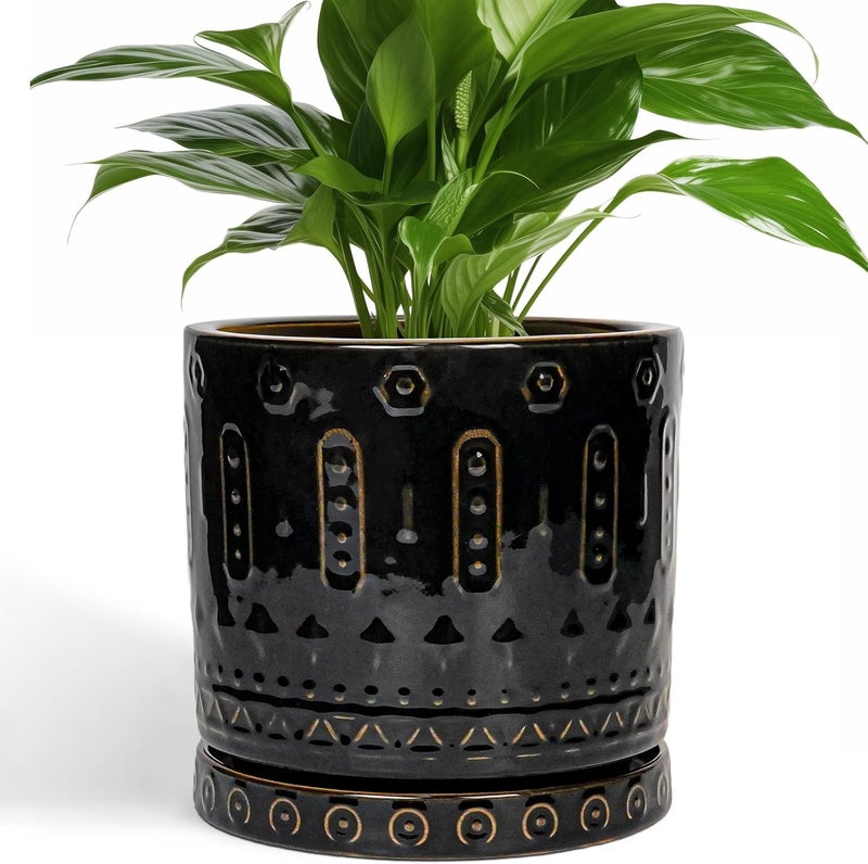 Eightpot Ceramic Pot for Plants - 8 Inch Plant Pots Indoor with Drainage Hole and Saucer, Decorative Round Planter Outdoor, Boho Ceramic Planter for Flower, House Garden Decor, Gardening Gifts, Black - Image 1
