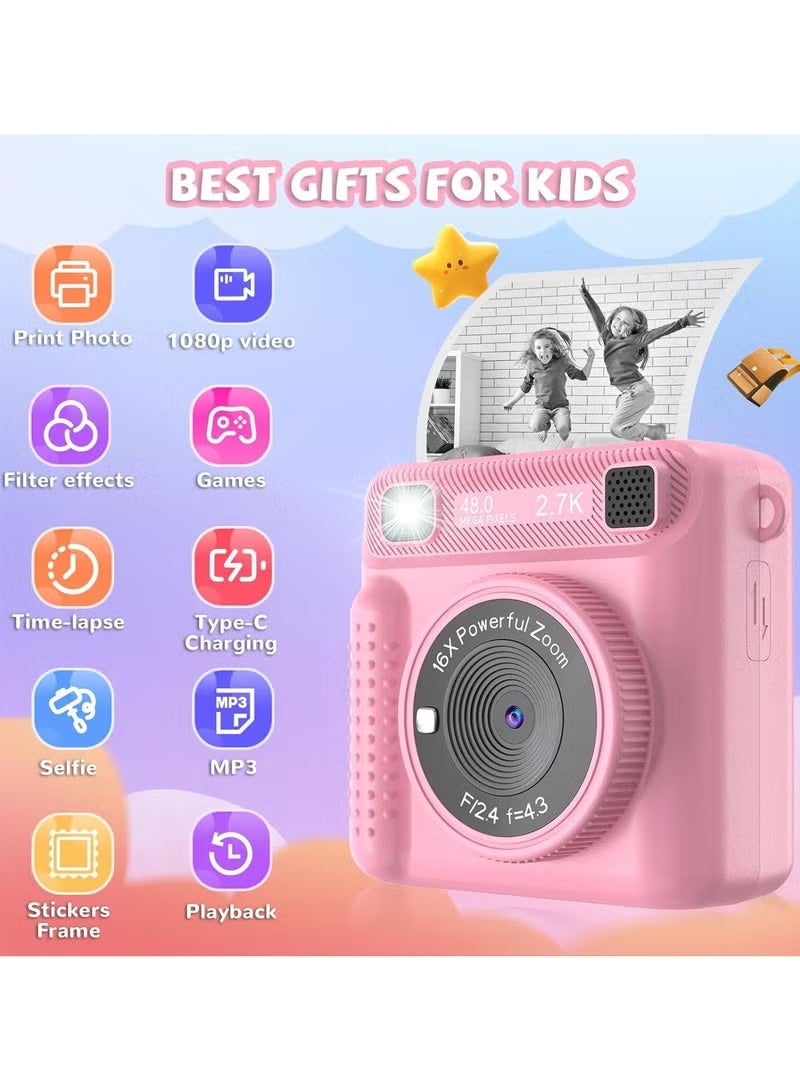 ZONBON Instant Print Camera for Kids,Instant Camera for Girls Boys,Kids Camera Toys for Toddler 1080P HD Selfie Digital Camera with Print Paper & 32G Card,Birthday Gifts for Age 3-12 Years Old Pink - Image 3