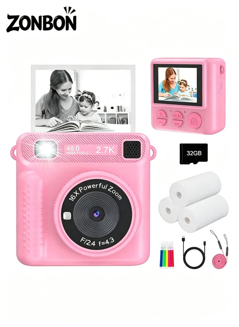 ZONBON Instant Print Camera for Kids,Instant Camera for Girls Boys,Kids Camera Toys for Toddler 1080P HD Selfie Digital Camera with Print Paper & 32G Card,Birthday Gifts for Age 3-12 Years Old Pink - Image 1
