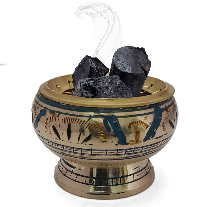 GURU JEE Brass Mesh Incense Burner Charcoal Engraved Design Loban Burner Bakhoor Burner Sambr Golden Blue