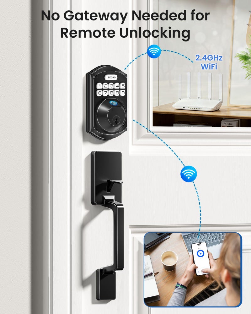 TEEHO TE012W-H WiFi Keypad Door Lock with Handle Set, Fingerprint Smart Locks, Front Door Keyless Entry, APP Remote & Voice Control, Digital Deadbolt with 2 Keys, Auto-Lock, Easy Install, Matte Black - Image 3