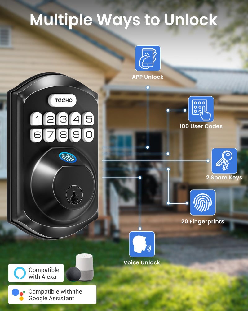 TEEHO TE012W-H WiFi Keypad Door Lock with Handle Set, Fingerprint Smart Locks, Front Door Keyless Entry, APP Remote & Voice Control, Digital Deadbolt with 2 Keys, Auto-Lock, Easy Install, Matte Black - Image 2