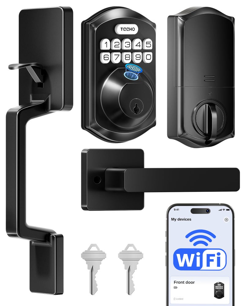 TEEHO TE012W-H WiFi Keypad Door Lock with Handle Set, Fingerprint Smart Locks, Front Door Keyless Entry, APP Remote & Voice Control, Digital Deadbolt with 2 Keys, Auto-Lock, Easy Install, Matte Black - Image 1