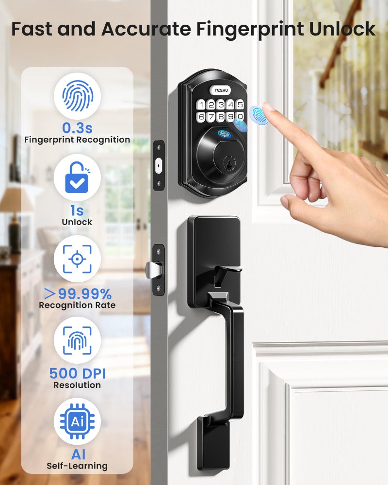 TEEHO TE012W-H WiFi Keypad Door Lock with Handle Set, Fingerprint Smart Locks, Front Door Keyless Entry, APP Remote & Voice Control, Digital Deadbolt with 2 Keys, Auto-Lock, Easy Install, Matte Black - Image 4