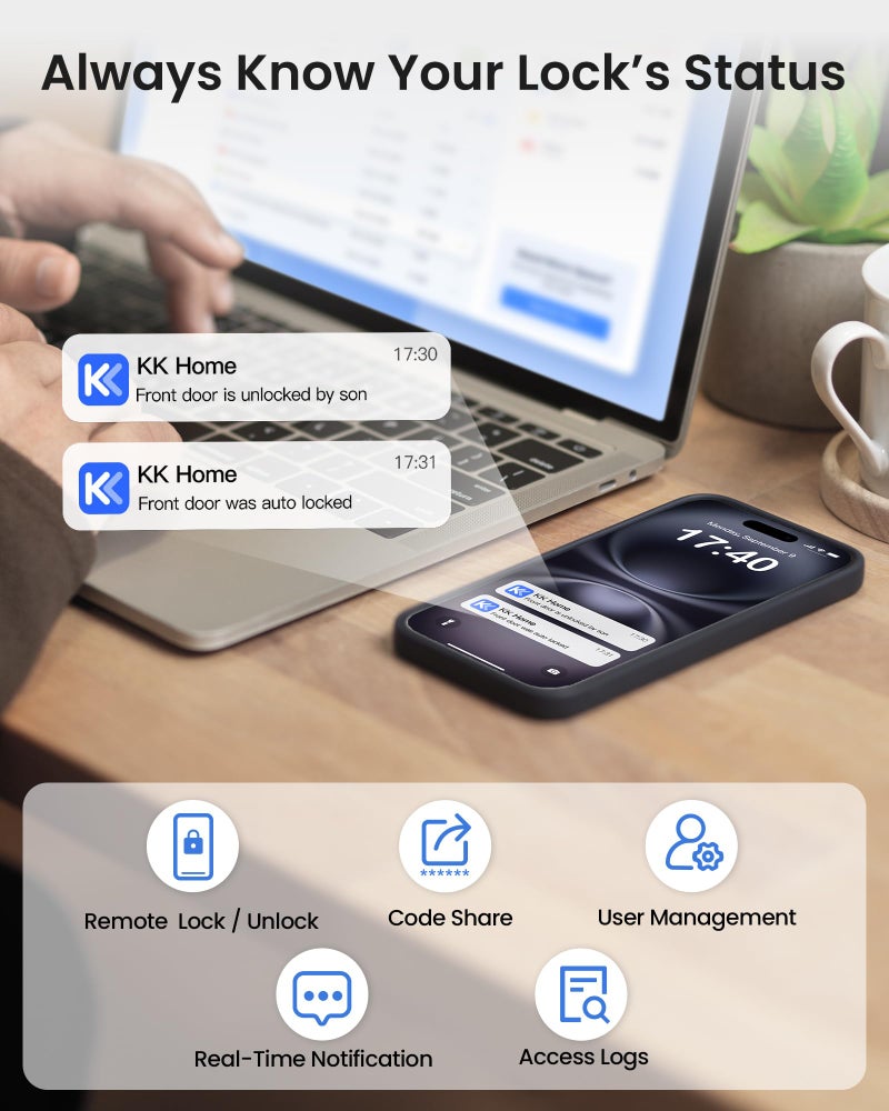 TEEHO TE012W-H WiFi Keypad Door Lock with Handle Set, Fingerprint Smart Locks, Front Door Keyless Entry, APP Remote & Voice Control, Digital Deadbolt with 2 Keys, Auto-Lock, Easy Install, Matte Black - Image 5