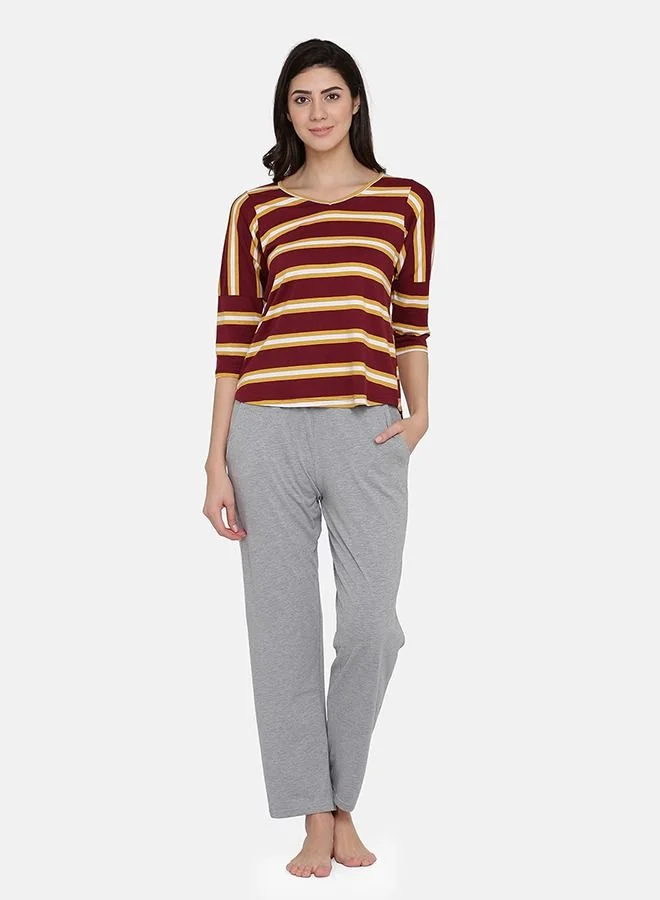 كلوفيا Clovia Striped Top & Pyjama Set in Maroon & Grey - Cotton Rich