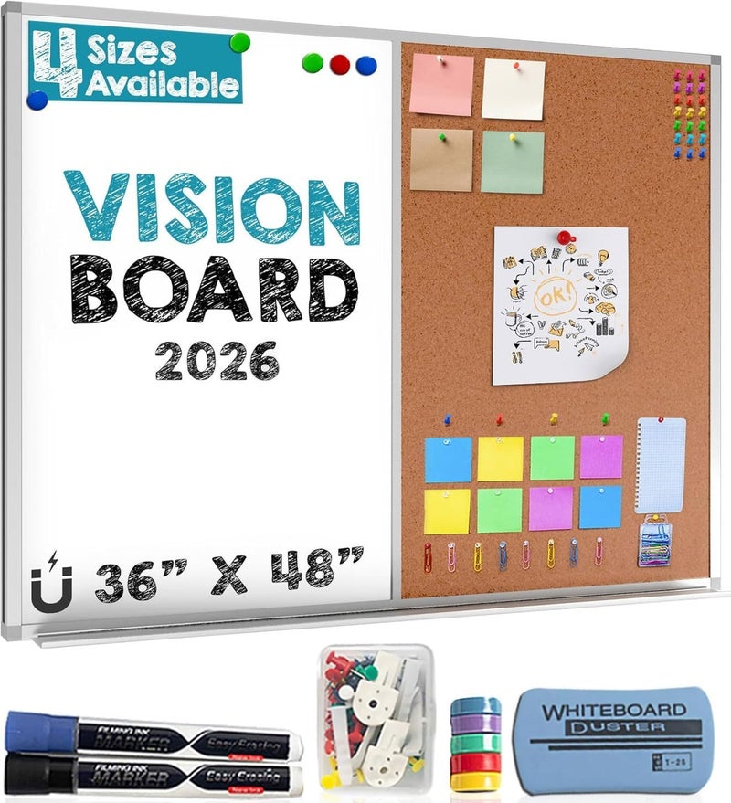Besso White Board and Cork Board Combo (36x48) Vision Board for 2025 - Half Bulletin Corkboard with Dry Erase Whiteboard Combination for Office or Home, Memo Board - Image 1