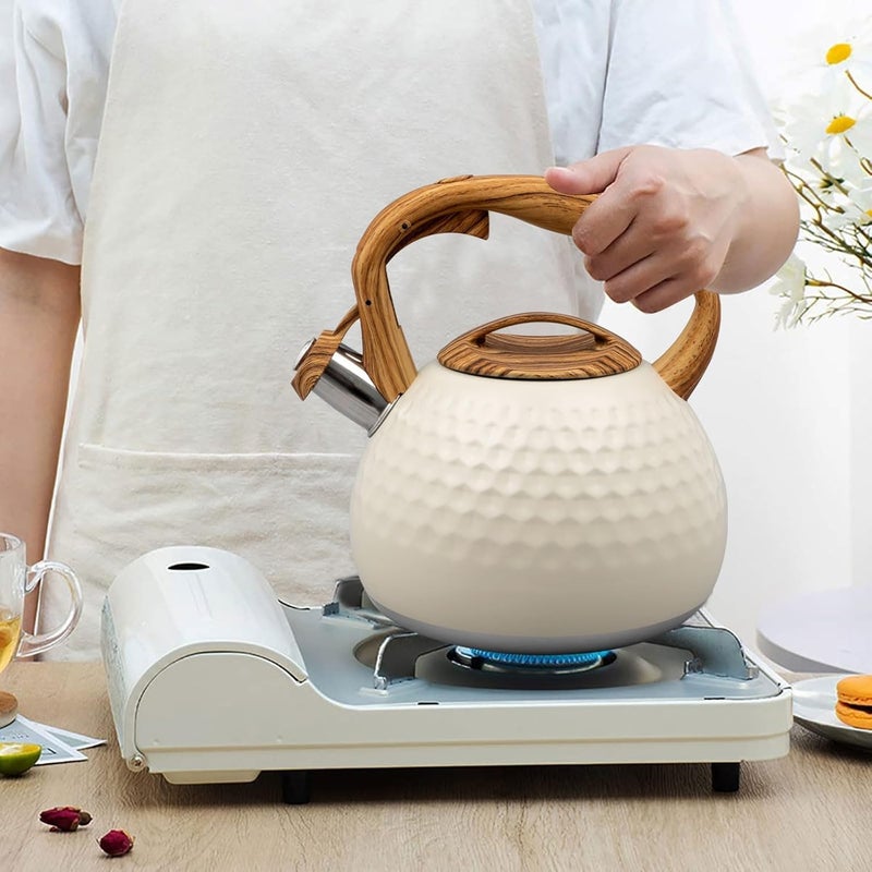 MAPPLE CREATION Stainless Steel Whistling Kettle White Tea Pot with Wooden Handle High Pitch Whistle Anti Scald Handle Design Coffee Tea Pot for Kitchen Camping - Image 1