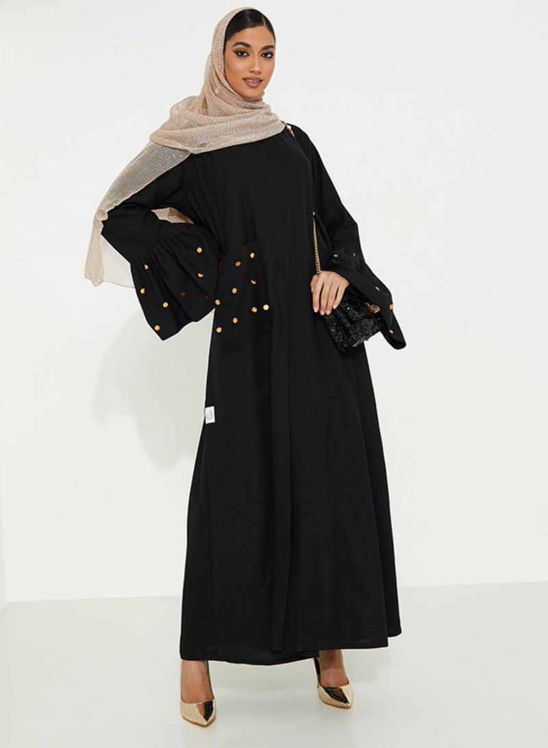 Rosette Abaya Black Abaya with Gold hand Embroidery And Pocket with Pleated sleeves - Image 1