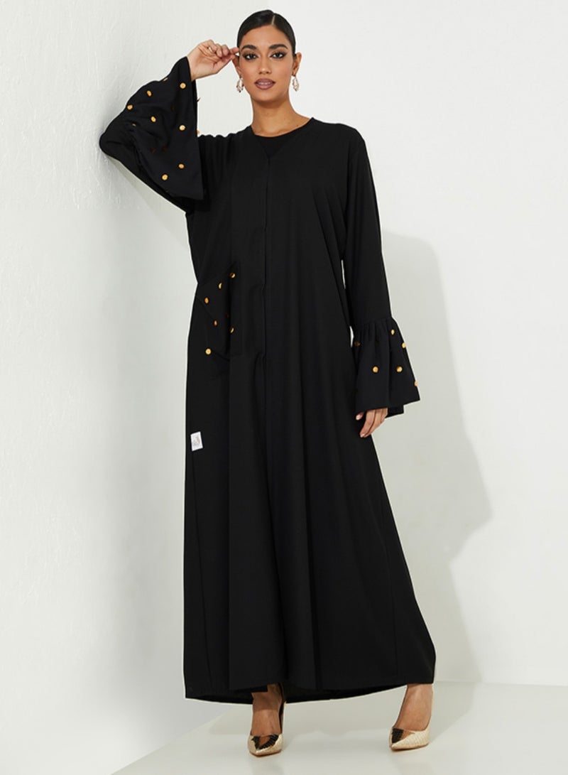 Rosette Abaya Black Abaya with Gold hand Embroidery And Pocket with Pleated sleeves - Image 2