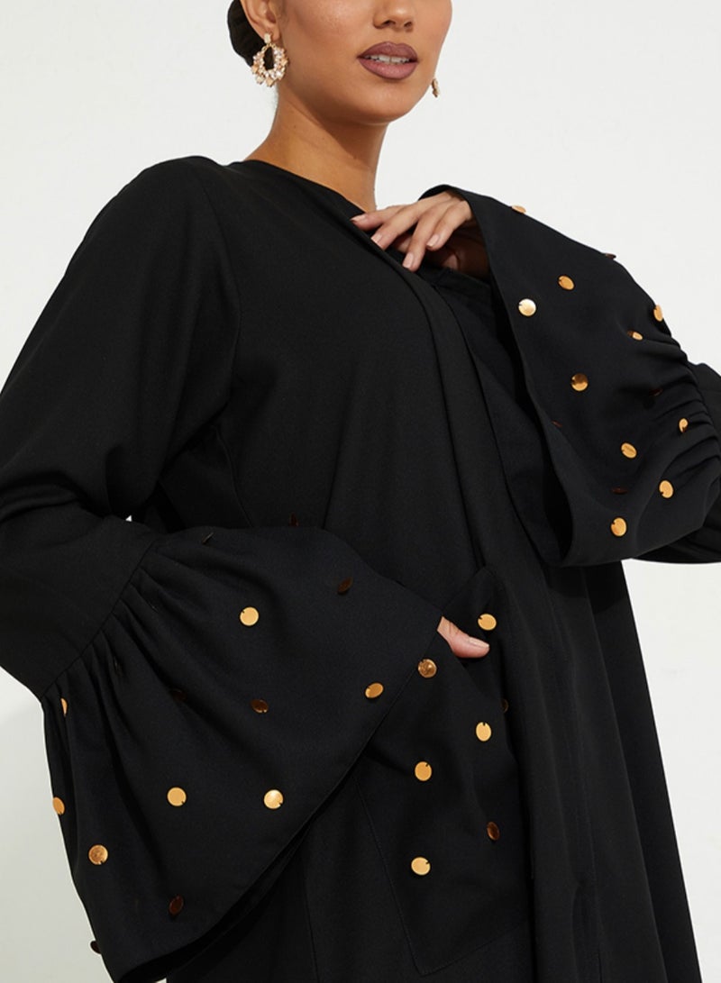 Rosette Abaya Black Abaya with Gold hand Embroidery And Pocket with Pleated sleeves - Image 3