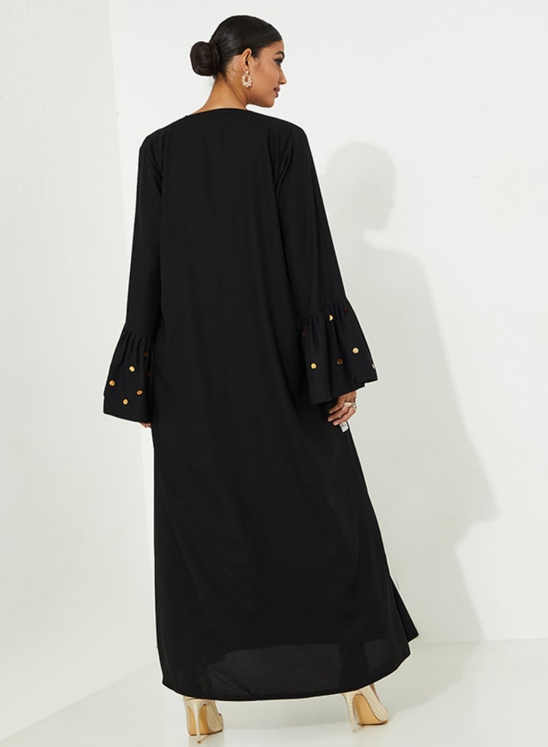 Rosette Abaya Black Abaya with Gold hand Embroidery And Pocket with Pleated sleeves - Image 4