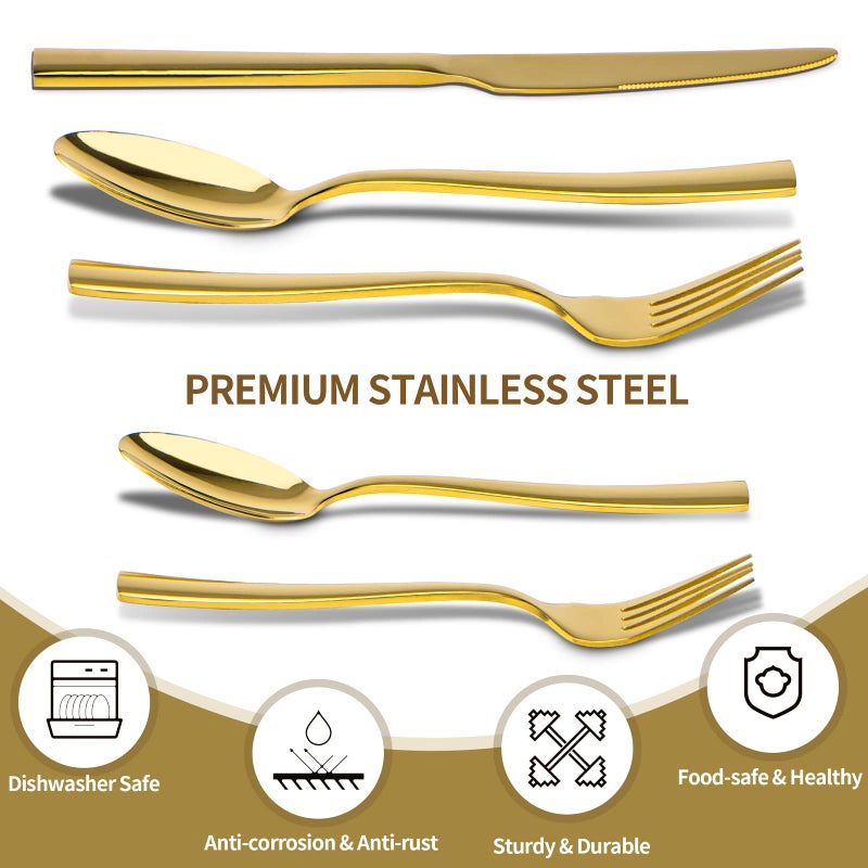 Briout Gold Silverware Set, Briout 40 Piece Stainless Steel Flatware Cutlery Set Service for 8 Luxury Square Tableware Thick Knife Fork Spoon for Home Kitchen Restaurant Wedding, Mirror Polished - Image 3