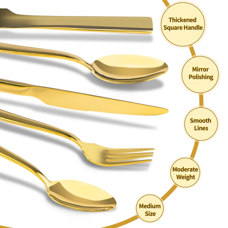 Briout Gold Silverware Set, Briout 40 Piece Stainless Steel Flatware Cutlery Set Service for 8 Luxury Square Tableware Thick Knife Fork Spoon for Home Kitchen Restaurant Wedding, Mirror Polished - Image 4
