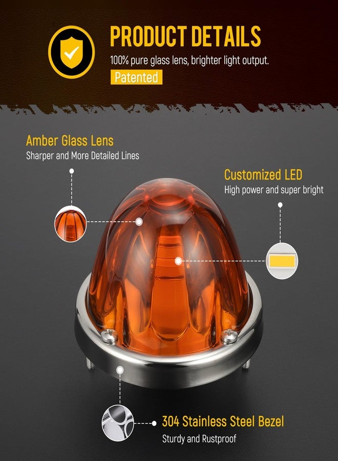 Partsam 2Pcs Amber Glass Lens Watermelon Lights [Patented] LED Side Marker Turn Signal Lights with Stainless Steel Bezel Replacement for Kenworth Peterbilt Freightliner - Image 3