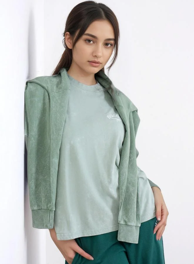 Styli Styli Green Boxy Fit T-Shirt with Slogan Print