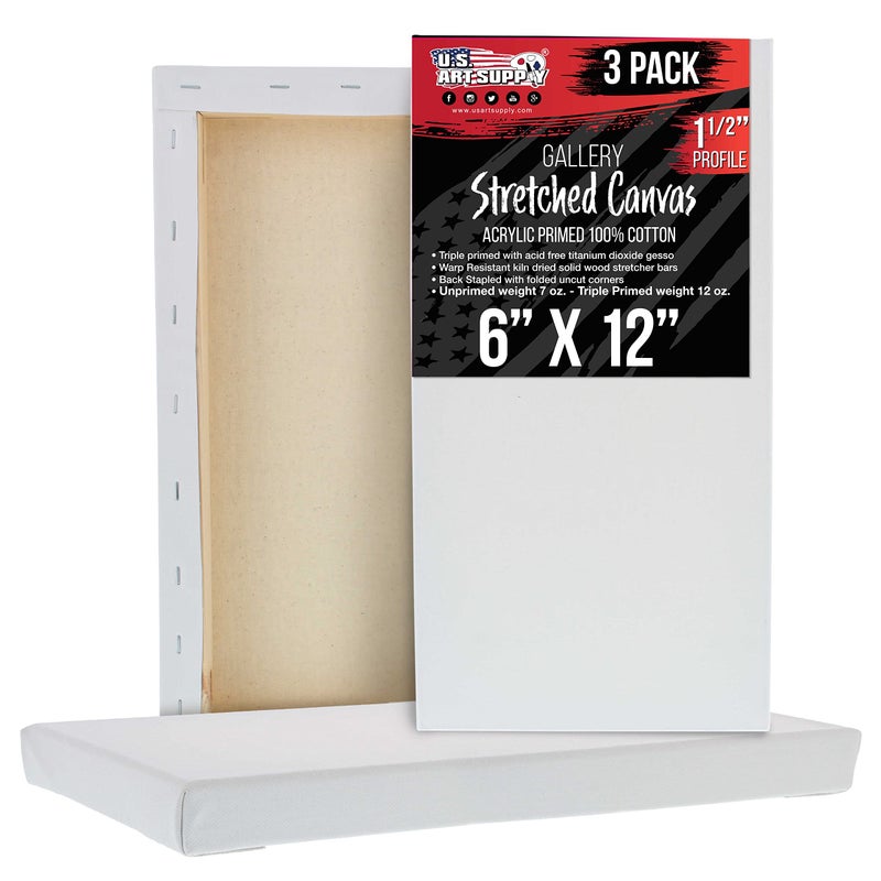 US Art Supply Long Stretched Canvas for Painting 6x12 inch Gallery Depth 112 Thick 3Pack  12oz Acrylic Gesso Triple Primed Professional Artist Quality 100 Cotton  Pouring Oil Paint