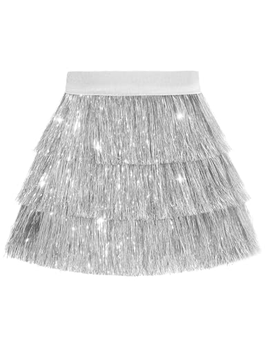 Noomelfish Girls Tinsel Fringe Skirt Sparkly Tassel Metallic Party Skirt, Silver White, Size 9-10 Years - Image 2