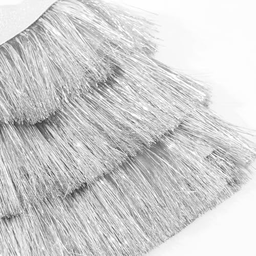 Noomelfish Girls Tinsel Fringe Skirt Sparkly Tassel Metallic Party Skirt, Silver White, Size 9-10 Years - Image 4