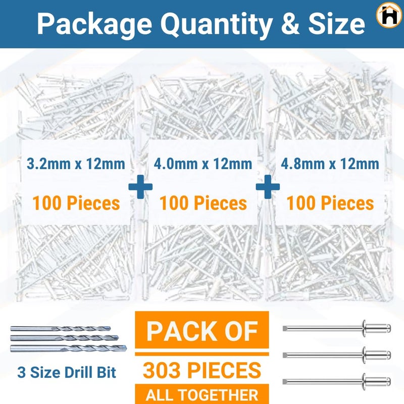 Homdum مسامير ألومنيوم عمياء - مسامير معدنية POP لآلة التثقيب / ماكينة التثقيب مجموعة متنوعة من 3 أحجام عبوة من 300 قطعة - Image 3