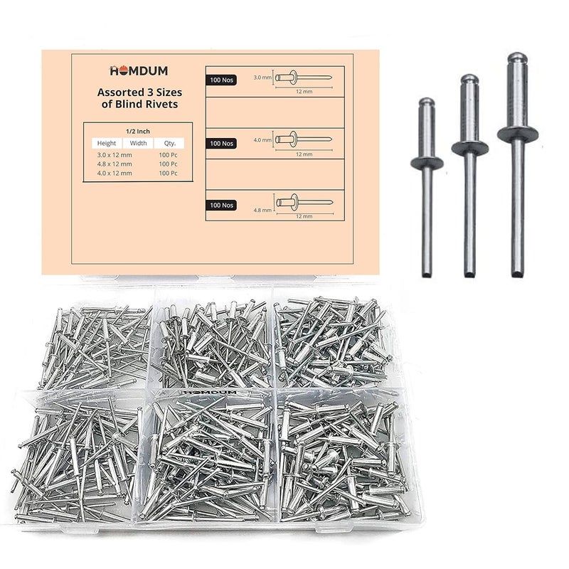 Homdum مسامير ألومنيوم عمياء - مسامير معدنية POP لآلة التثقيب / ماكينة التثقيب مجموعة متنوعة من 3 أحجام عبوة من 300 قطعة - Image 2