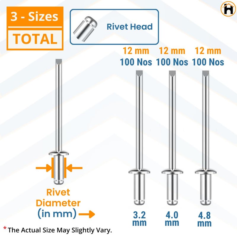 Homdum مسامير ألومنيوم عمياء - مسامير معدنية POP لآلة التثقيب / ماكينة التثقيب مجموعة متنوعة من 3 أحجام عبوة من 300 قطعة - Image 4
