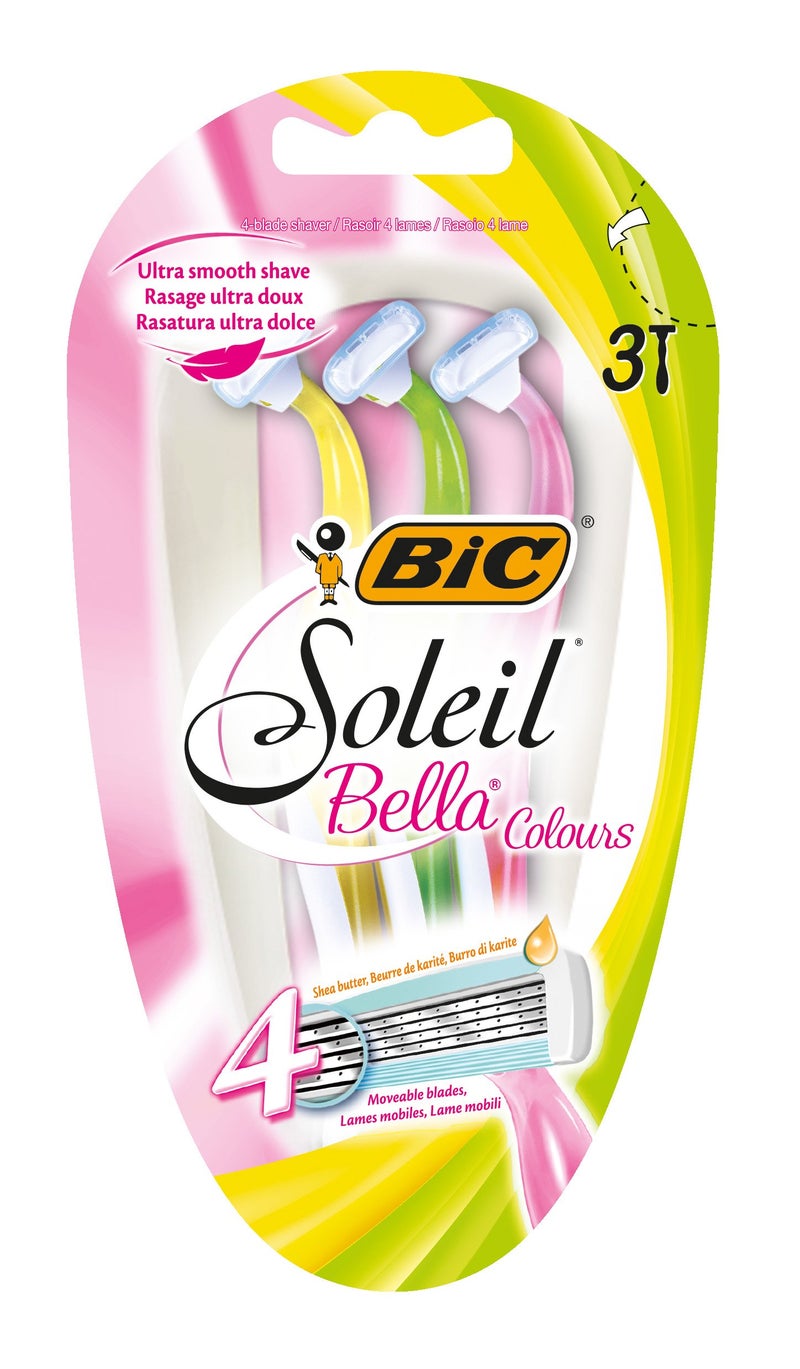 BIC Soleil Bella Colours 4-Blade Lady Razors - Pack of 3 - Spring Mounted Blades with Pivoting Head for Ultra Smooth Shave - Image 1