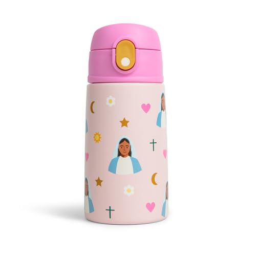 Be A Heart Mary Water Bottle for Kids Stainless Steel DoubleWalled Leakproof FaithBased Hydration with Slim Silicone Straw BPAFree 135 oz Pink - Image 1