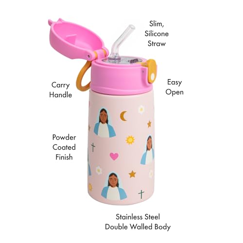 Be A Heart Mary Water Bottle for Kids Stainless Steel DoubleWalled Leakproof FaithBased Hydration with Slim Silicone Straw BPAFree 135 oz Pink - Image 3