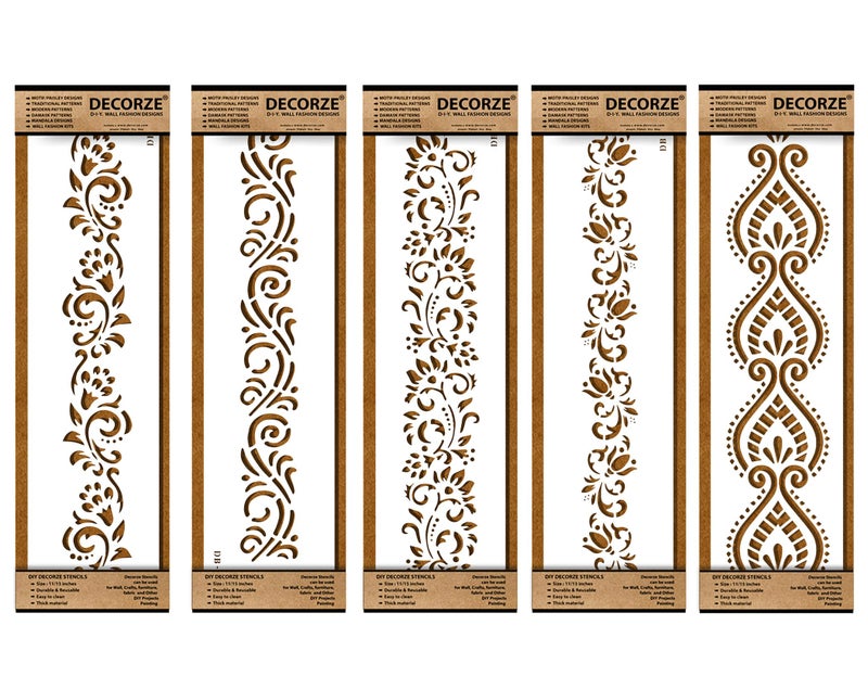 Decorze Plastic Stencils for Border Art, Stencils for Wall, Border Stencils for Wall Painting Suitable for Room Wall Decoration Purpose (Set of 5)(Color-White)|Design-11 - Image 1