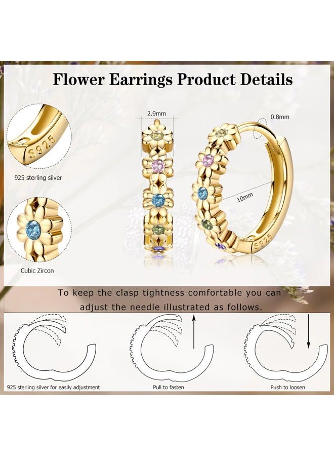Milacolato 925 Sterling Silver Post Small Hoop Earrings for Women 14K Gold Plated Daisy Huggie Hoop Earrings Pave Rainbow Cubic Zirconia Cute Flower Hoop Earrings Hypoallergenic Earrings, Sterling - Image 2