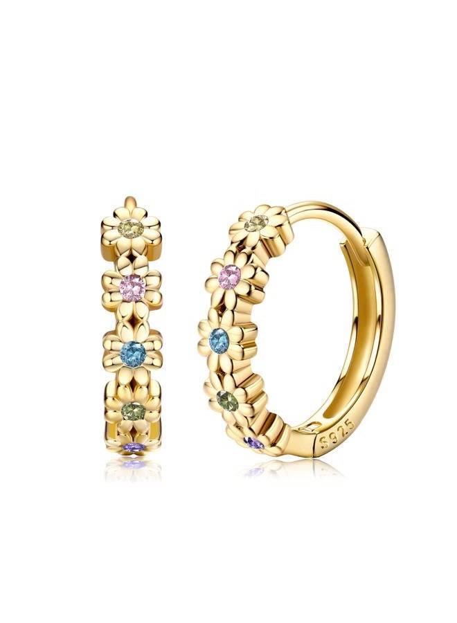 Milacolato 925 Sterling Silver Post Small Hoop Earrings for Women 14K Gold Plated Daisy Huggie Hoop Earrings Pave Rainbow Cubic Zirconia Cute Flower Hoop Earrings Hypoallergenic Earrings, Sterling - Image 1