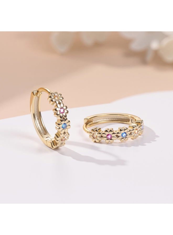 Milacolato 925 Sterling Silver Post Small Hoop Earrings for Women 14K Gold Plated Daisy Huggie Hoop Earrings Pave Rainbow Cubic Zirconia Cute Flower Hoop Earrings Hypoallergenic Earrings, Sterling - Image 5
