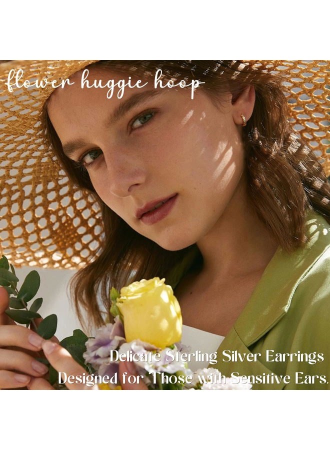 Milacolato 925 Sterling Silver Post Small Hoop Earrings for Women 14K Gold Plated Daisy Huggie Hoop Earrings Pave Rainbow Cubic Zirconia Cute Flower Hoop Earrings Hypoallergenic Earrings, Sterling - Image 3
