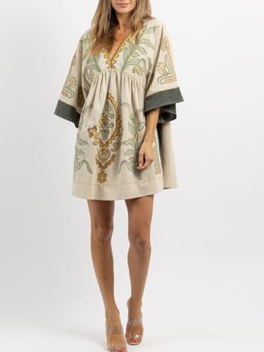 Joiemont Womens Oversized Embroidered Dress with V-Neck and 3/4 Sleeves Vintage Embroidery Babydoll Dress(0603-Olive-S) - Image 4