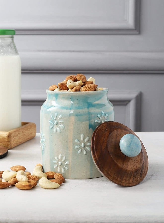 miah decor برطمانات سيراميك من ميا ديكور لتخزين الطعام في المطبخ مع غطاء خشبي، علبة تخزين طعام من الخزف الحجري مع غطاء سيليكون محكم الإغلاق - عبوة من قطعة واحدة، (الحجم: 6 × 3 بوصات؛ السعة: 500 مل) - Image 2