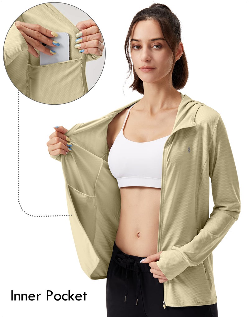 Soothfeel Women's UPF 50+ Sun Protection Hoodie Jacket Lightweight Long Sleeve Sun Shirt for Women with Pocket Hiking Outdoor Khaki M - Image 3
