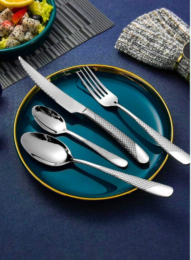 تشيس اب طقم أدوات مائدة فضية من 24 قطعة، طقم أدوات مائدة من الفولاذ المقاوم للصدأ لـ 6 أشخاص، طقم أدوات مائدة مع سكين وملعقة وشوكة للمنزل والمطبخ والمطاعم والفنادق، طقم أدوات آمن للغسل في غسالة الأطباق - Image 3