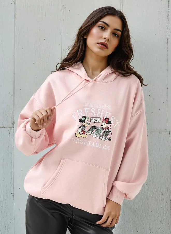 SP Characters Oversized Hoodie with Mickey and Minne Mouse Print